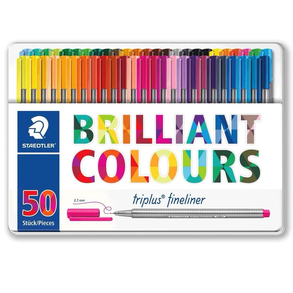 Staedtler Triplus Fineliner 0.3mm Brilliant Colours Ink Pen Metal Tin 50 Colors